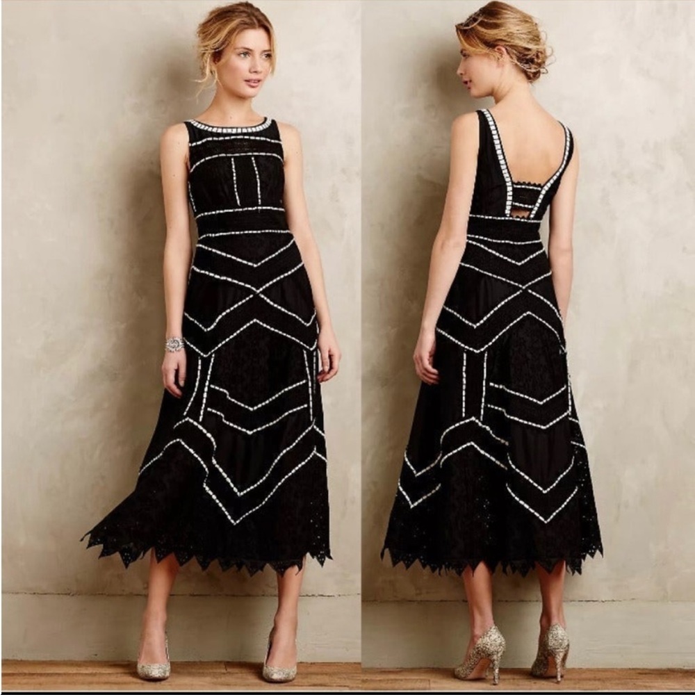 Anthropologie Leifsdottir Tasman Black Midi Eyelet Lace Dress Size 2